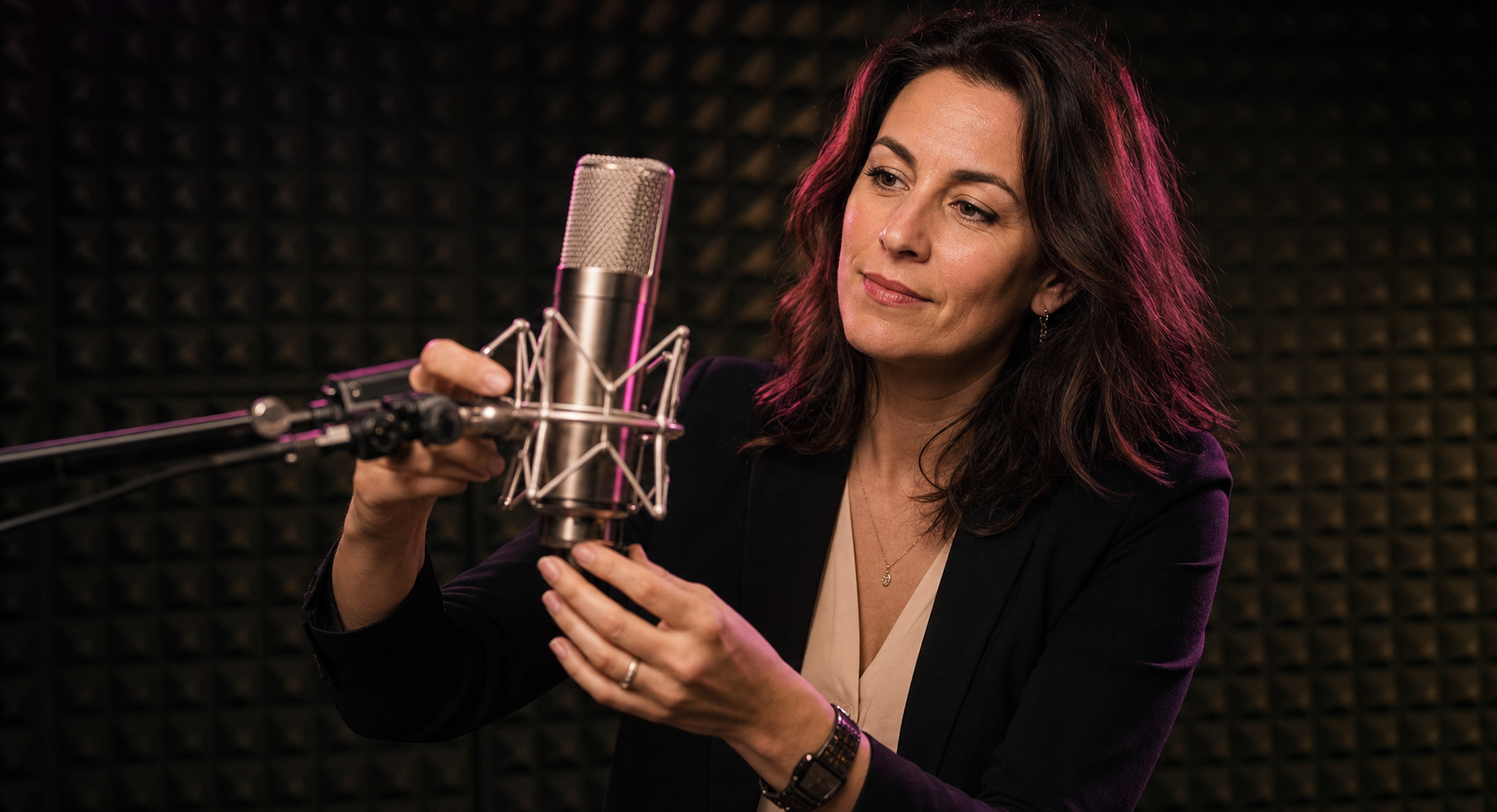 Delphine Roux règle un microphone à condensateur sur pied dans la cabine d'enregistrement de Microphone Studio à Draguignan