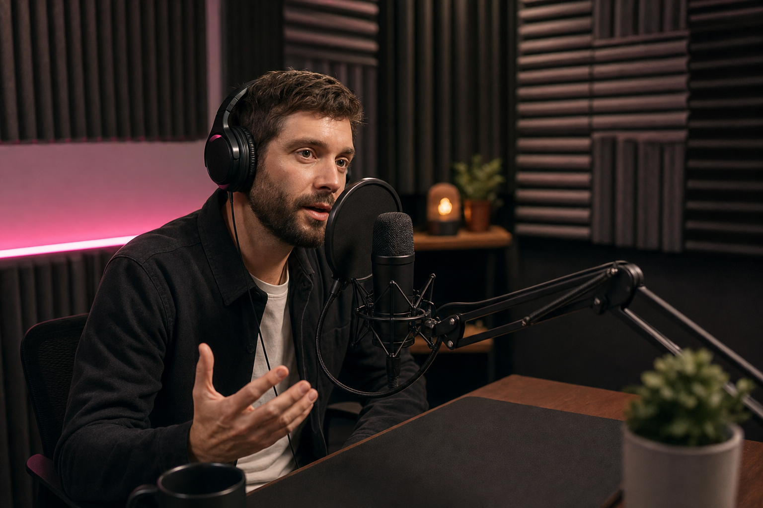 Enregistrement de podcast en cabine insonorisée avec micro à grand diaphragme chez Microphone Studio