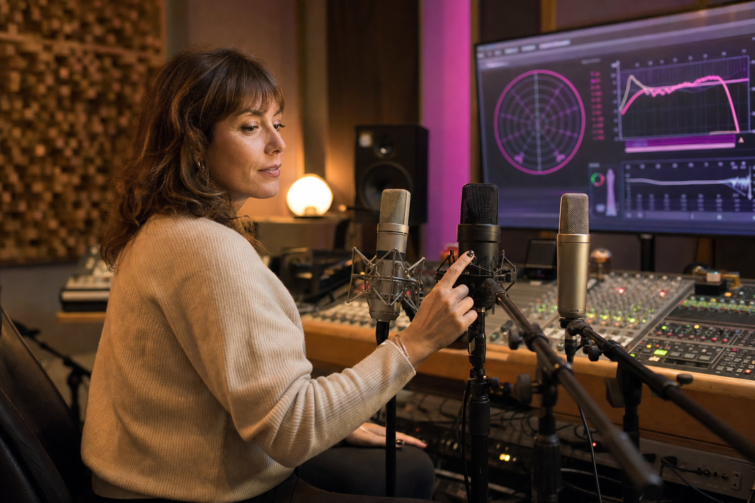 Delphine Roux compare plusieurs microphones sur pieds face à un écran affichant un diagramme polaire